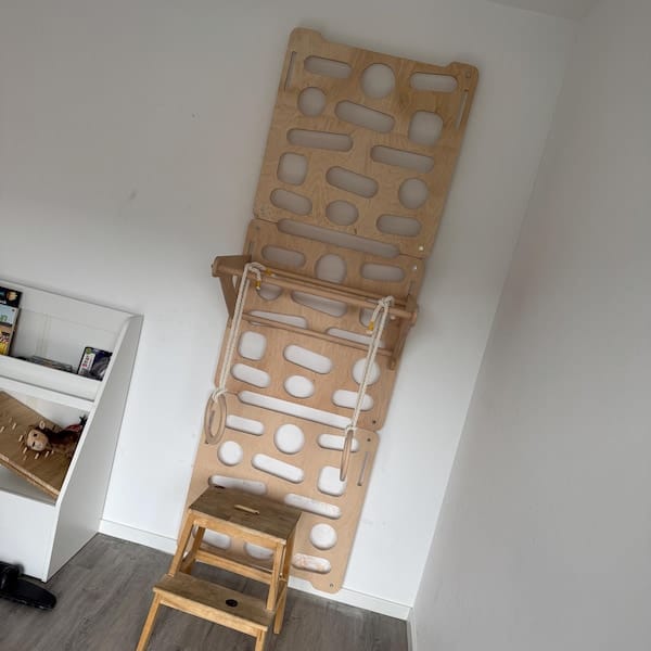 Customer photo review of Montessori Climbing Wall for Kids – Ages 2–10 with Slide, Pull-Up Bar & Rings | Wooden Indoor Playground