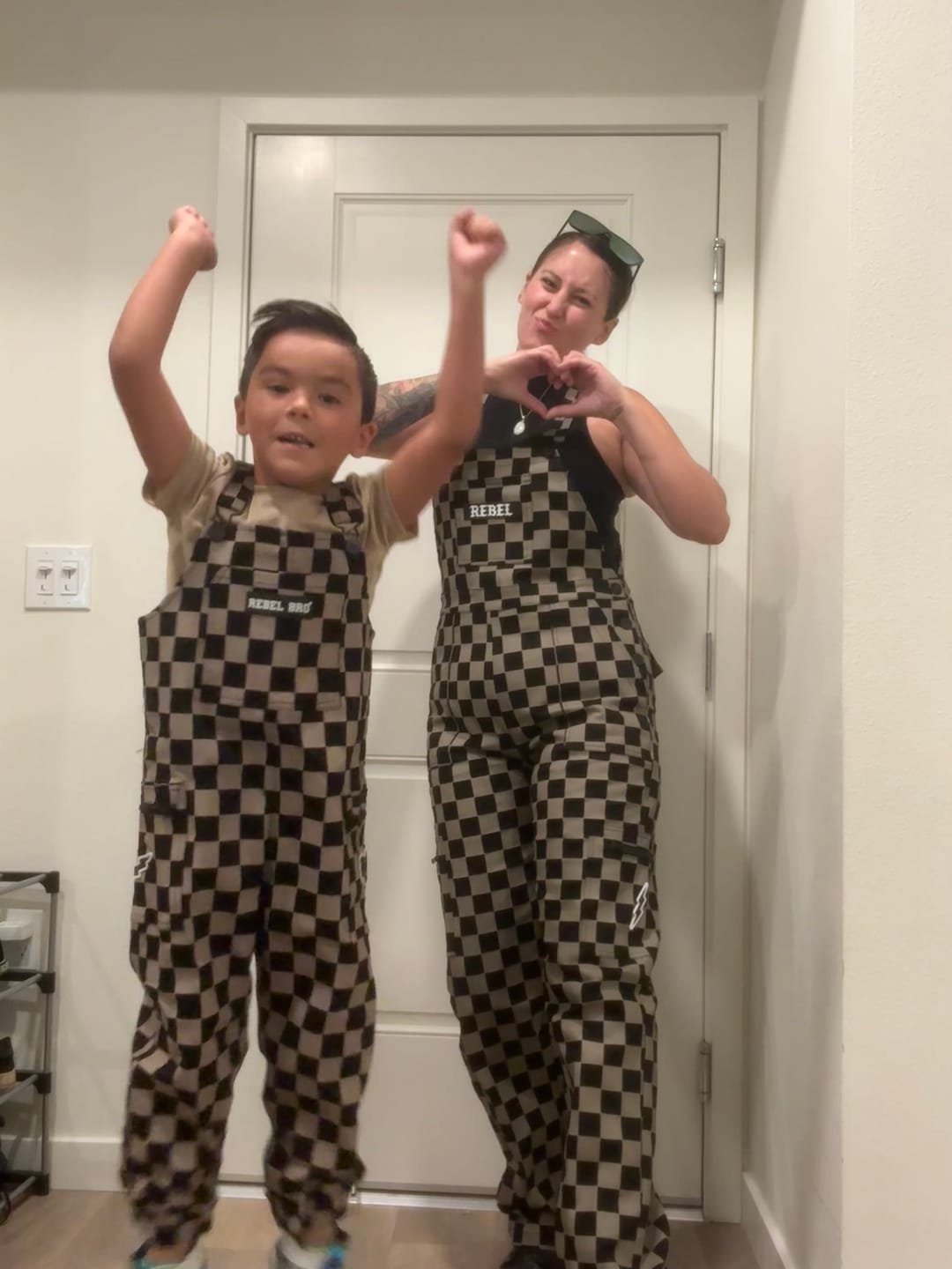Customer photo review of Women's Overall in Checkered Black + Taupe