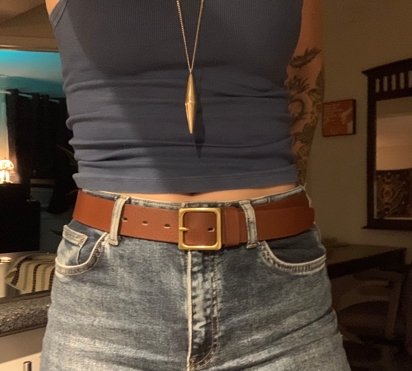 Customer photo review of Sophie - Brown Leather Dress Belt with Gold Square Buckle - Made in Canada