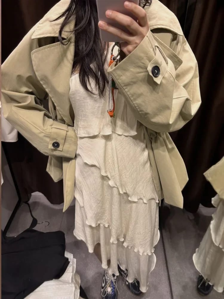 Customer photo review of Maria Lapel Collar Drawstring Trench Coat