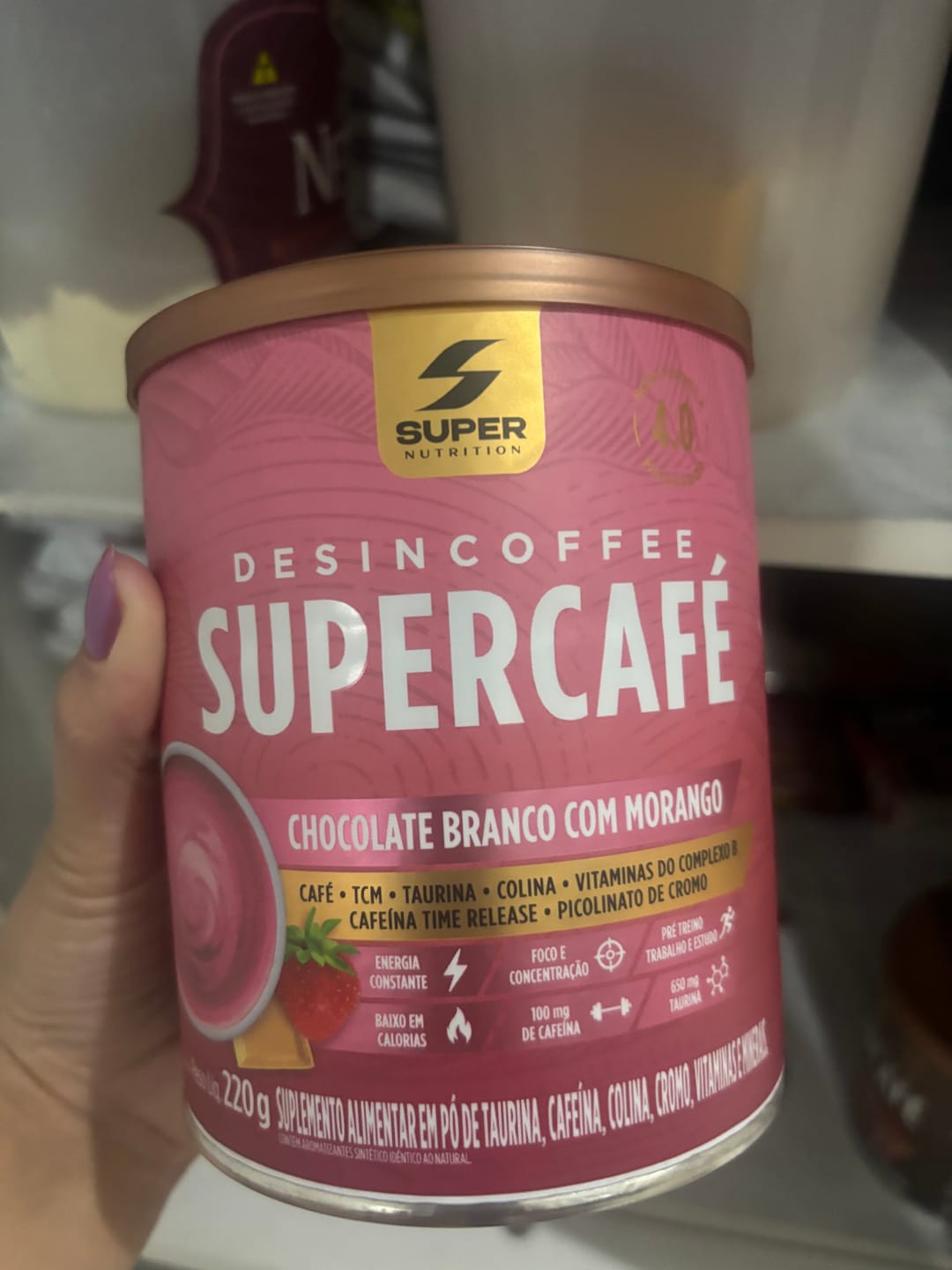 Customer photo review of Supercafé Chocolate Branco com Morango