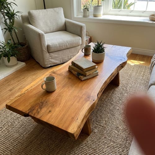 Customer photo review of Unique Solid Wood Coffee Table with Artistic Design and Natural Finish