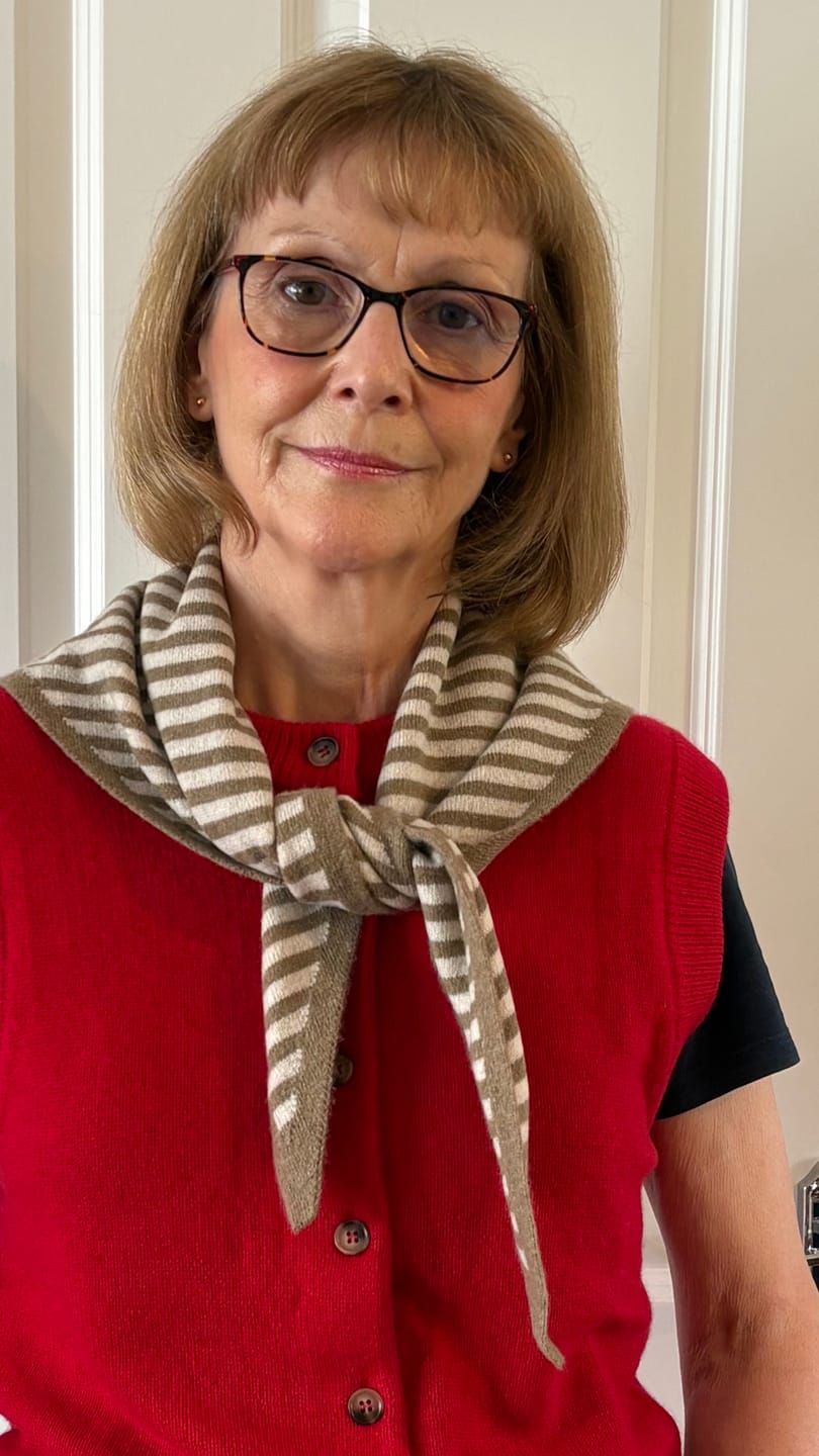 Customer photo review of Brand New Latte and Sand Beige Striped Recycled Cashmere Triangle Scarf