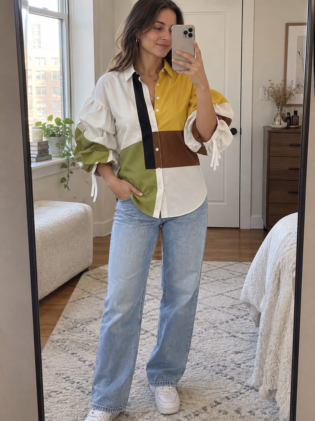 Customer photo review of Tied Split-Joint Elasticity Contrast Color Buttoned Three-quarter Sleeves Puff Sleeves Lapel Blouses&shirts Tops