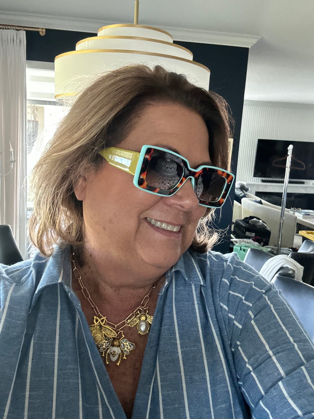 Customer photo review of Deco Sunglasses Chartreuse + Sky Blue