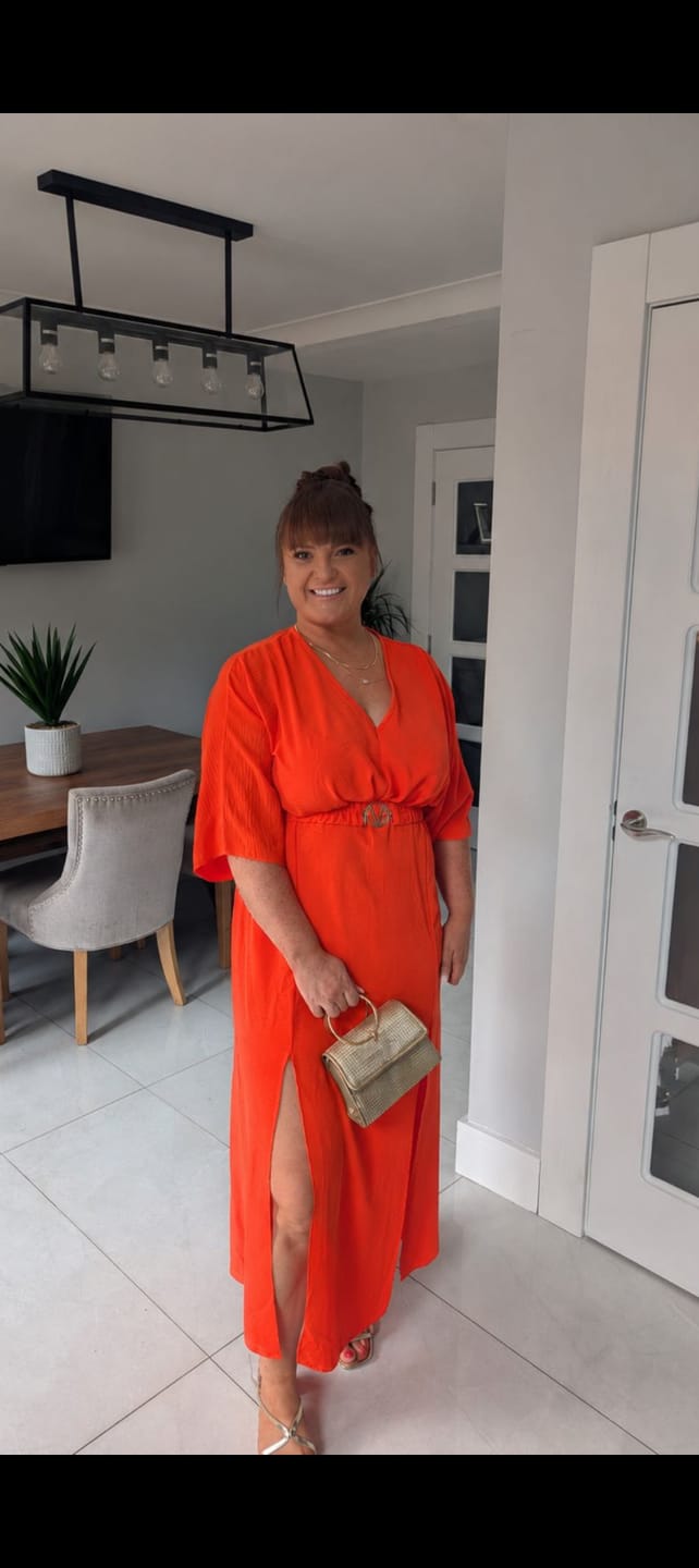 Customer photo review of Avery Orange Front Slit Dress