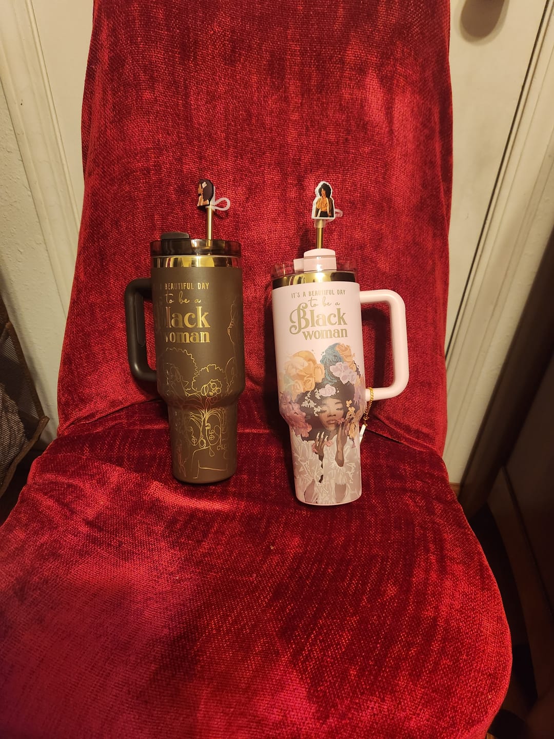 Customer photo review of Pink "Royalty Blossomed" FlowSip™ Insulated Tumbler – It's a Beautiful Day to Be a Black Woman