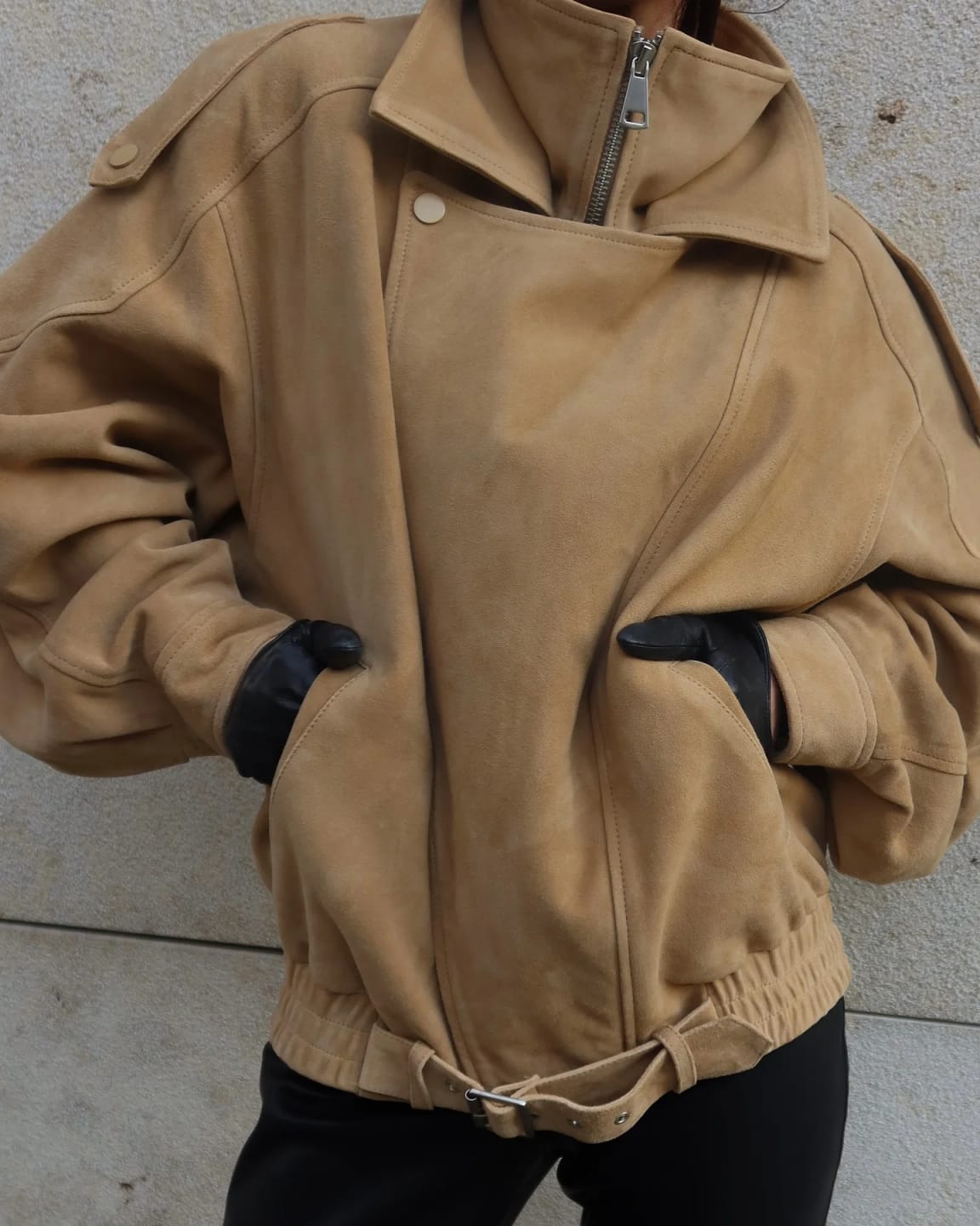Customer photo review of Carla Faux Suede Oversized Bomber Jacket