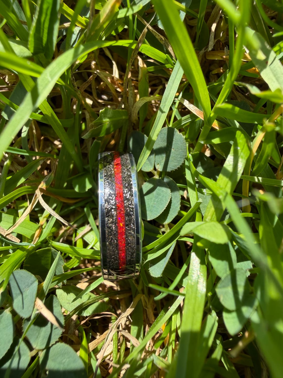 Customer photo review of Red Opal & Meteorite Tungsten Mens Ring