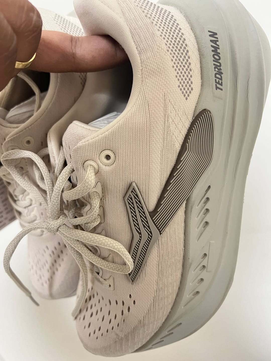 Customer photo review of Brooks Glycerin Max neutral running shoe, highlighted by its thick, nitrogen-infused DNA Tuned midsole and Almond Peach/London Fog