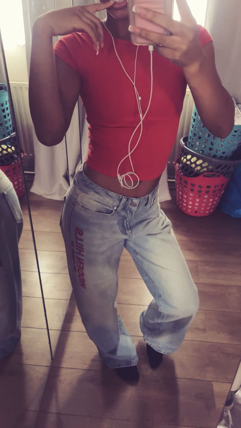 Customer photo review of RED EMBROIDERED LOGO JEANS