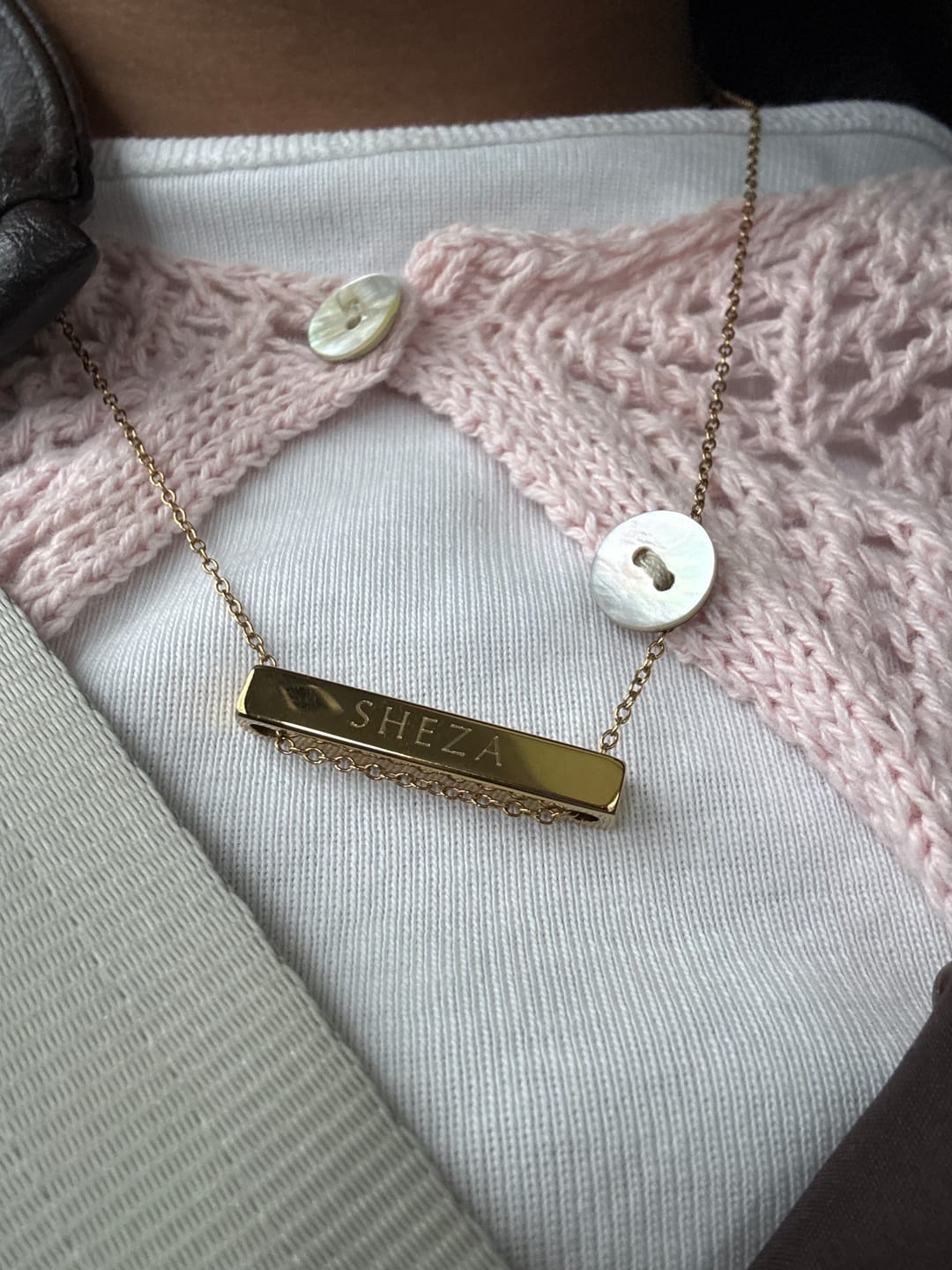Customer photo review of 3cm Letter Bar Necklace in Gold Horizontal