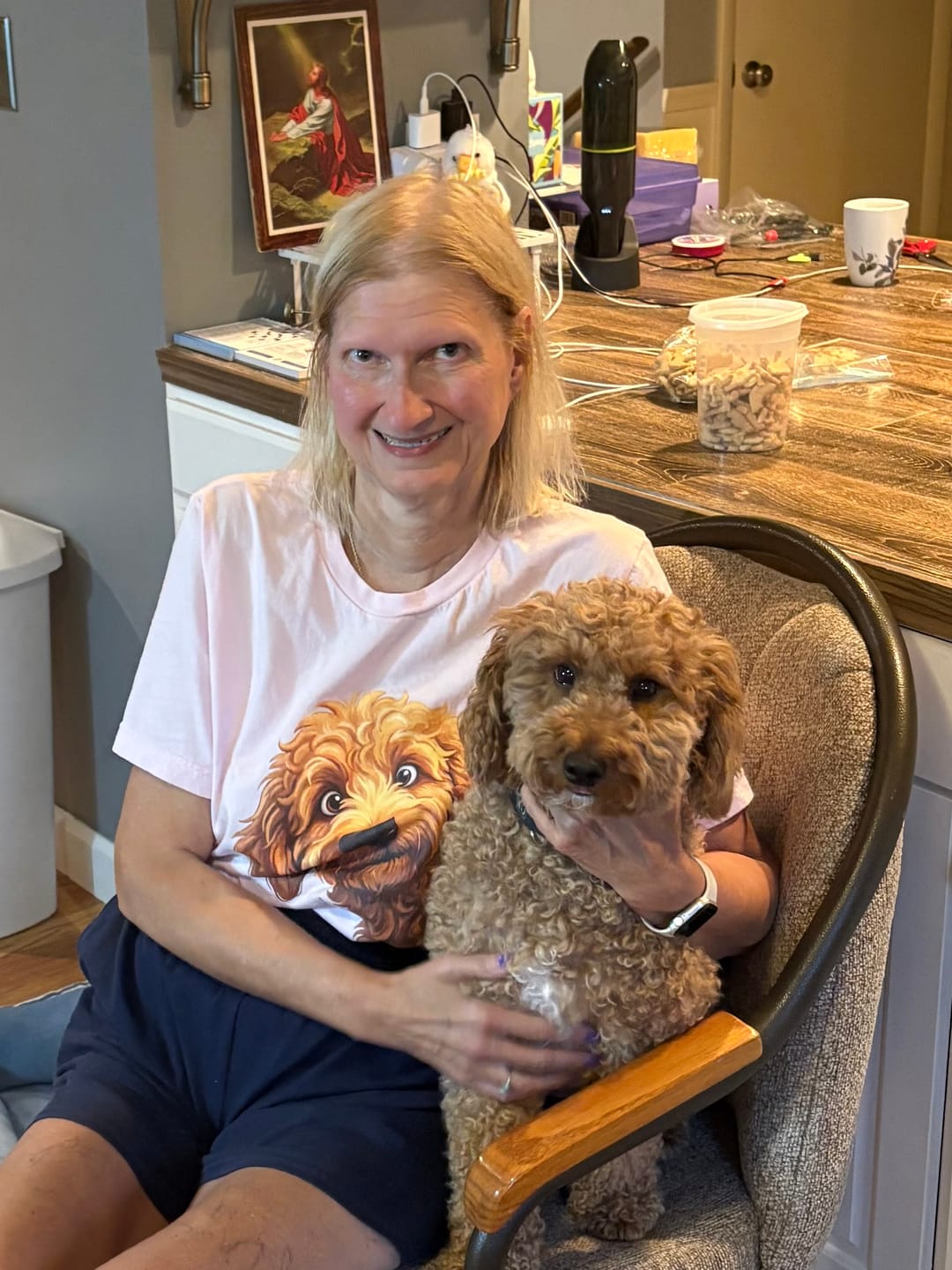 Customer photo review of Funny Peeking Apricot Goldendoodle T-Shirt