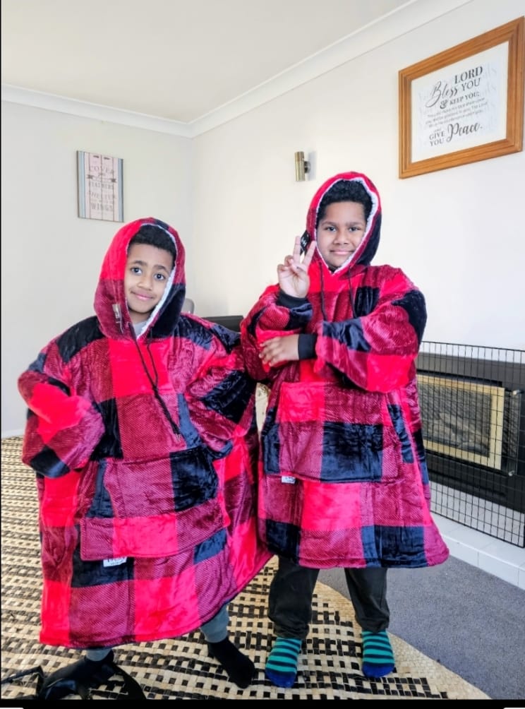 Customer photo review of KIDS BLANKET HOODIE - RED PLAID