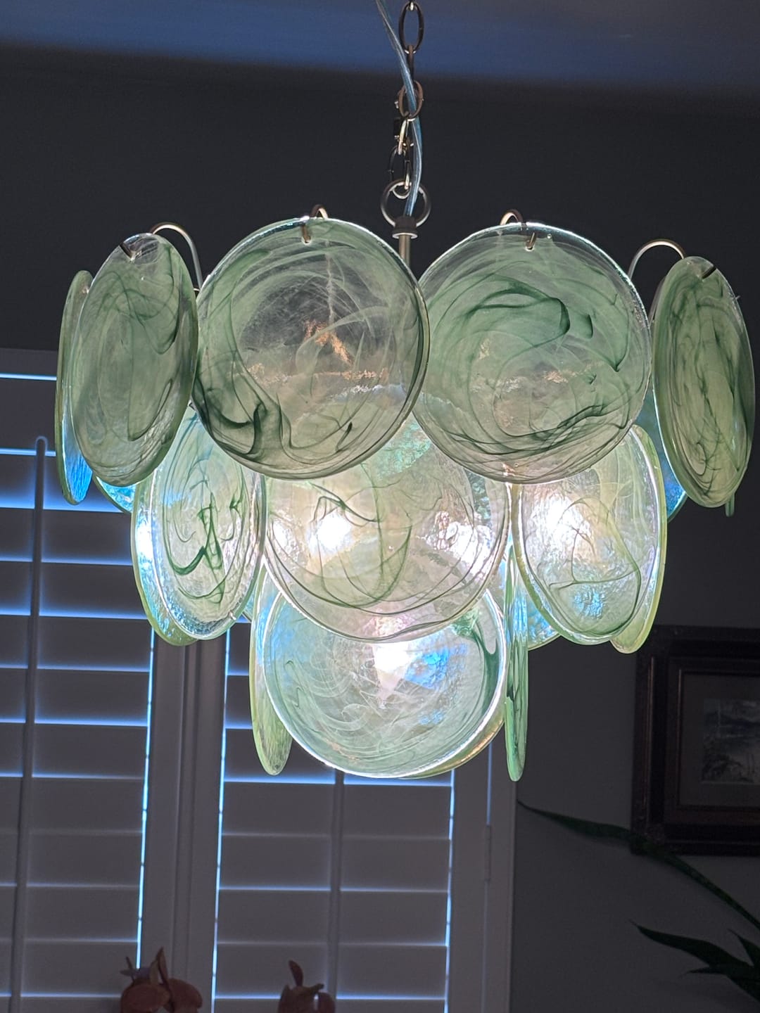 Customer photo review of Art Deco Green Iridescent Swirl Glass Tiered Chandelier