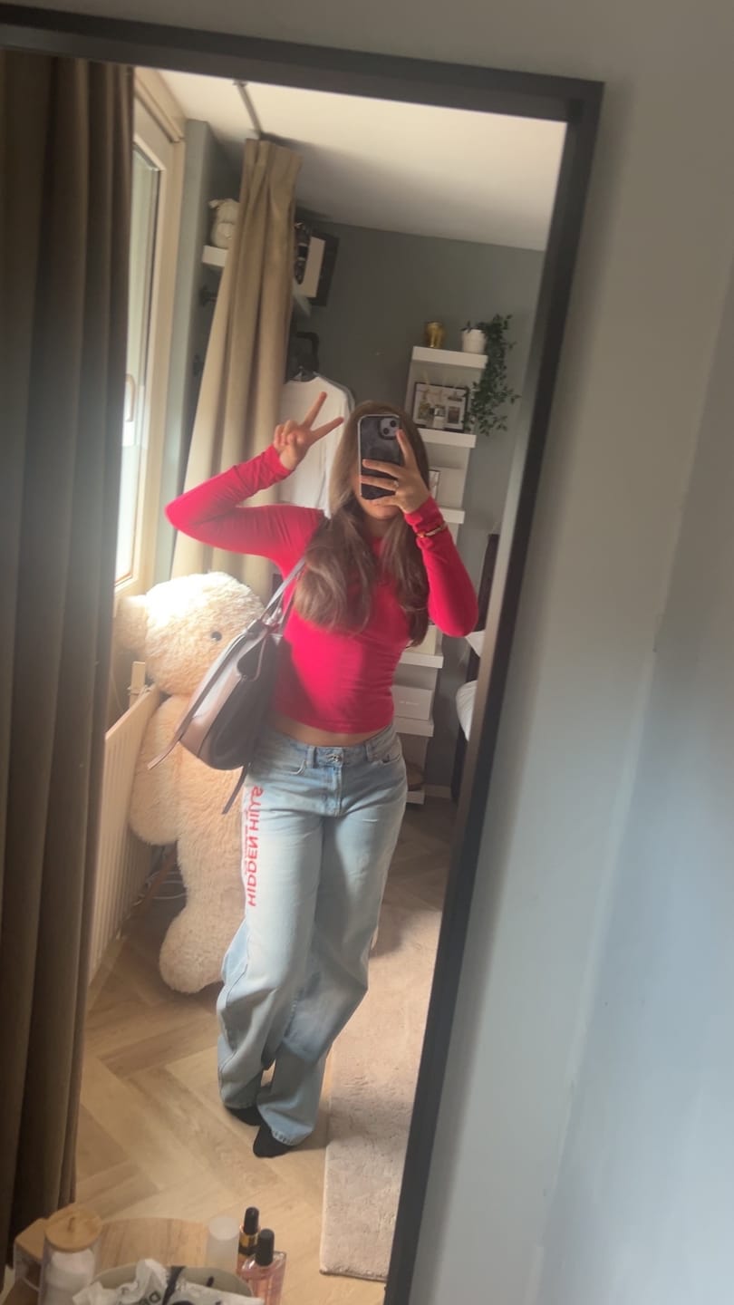 Customer photo review of RED EMBROIDERED LOGO JEANS