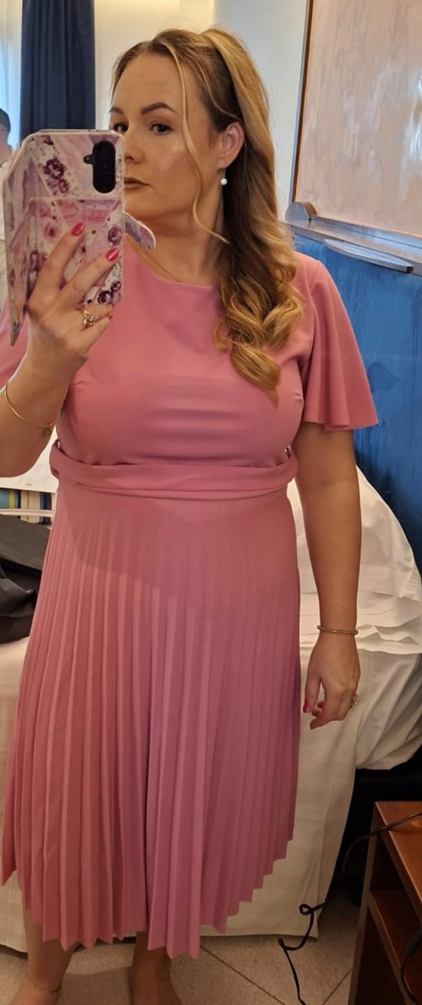 Customer photo review of Bethann Pink Pleated Midi Dress