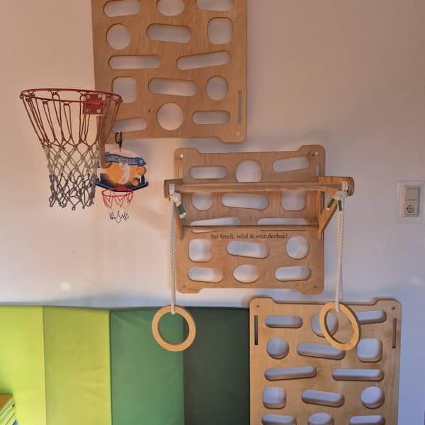 Customer photo review of Montessori Climbing Wall for Kids – Ages 2–10 with Slide, Pull-Up Bar & Rings | Wooden Indoor Playground