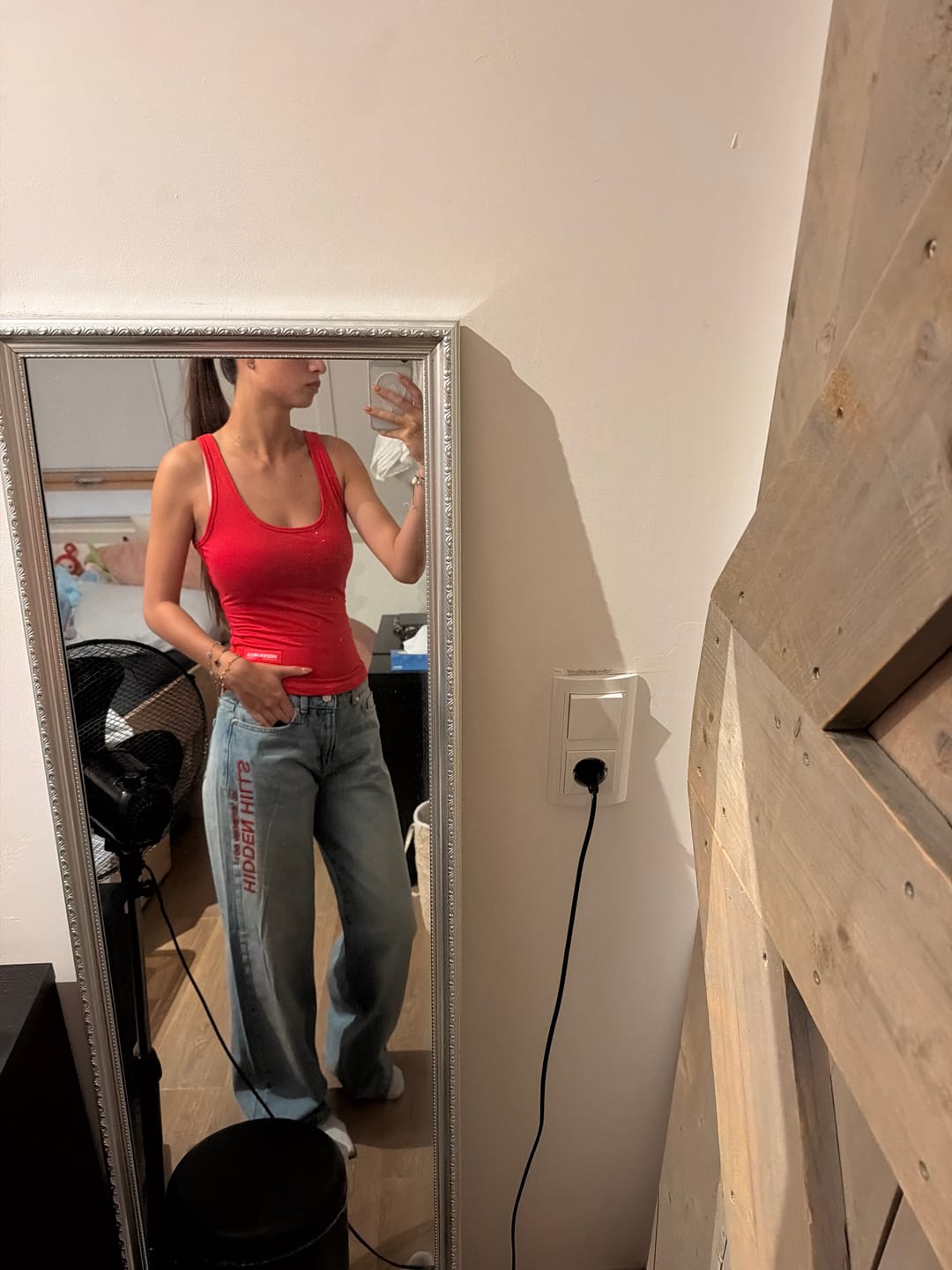 Customer photo review of RED EMBROIDERED LOGO JEANS