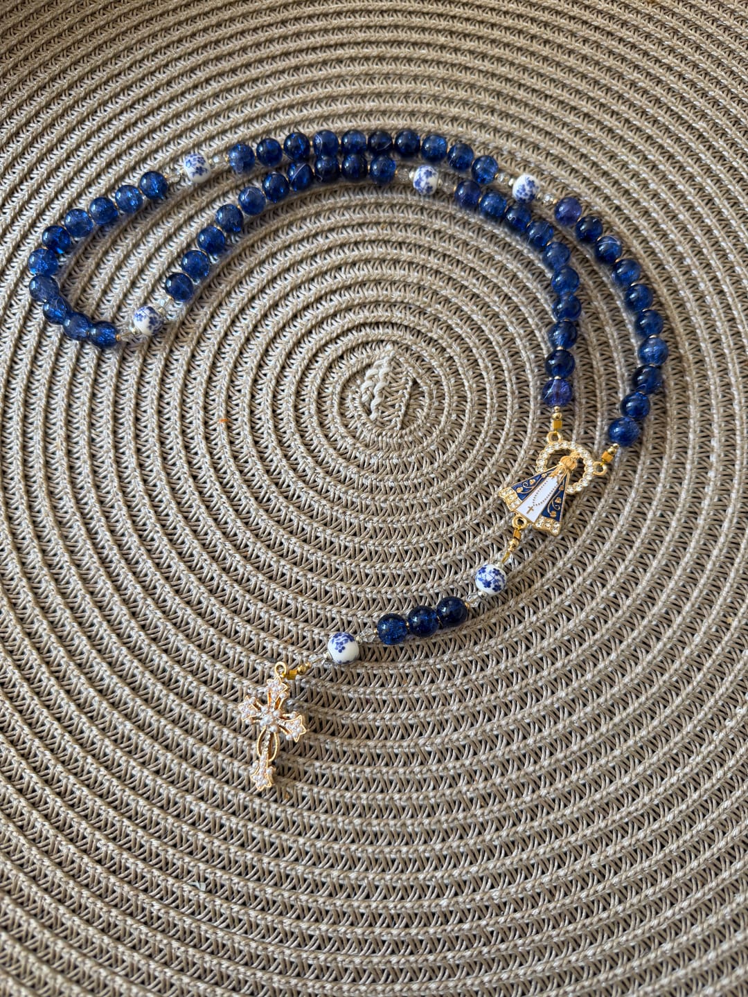 Customer photo review of Christianartworkshop  Deep Blue Cracked Glass & Porcelain Beads Rosary with Our Lady of Aparecida Centerpiece